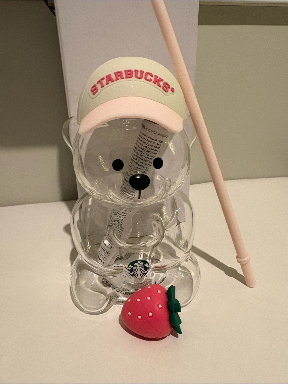 Starbucks Clear Bear Cup with Pink Straw and Strawberry topper